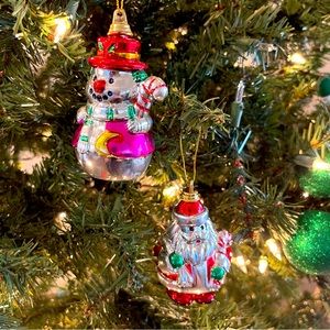 Vintage Kitsch Christmas Ornaments Plastic Pink Coat Snowman and Santa Clause
